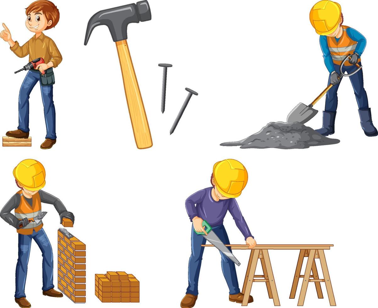 Construction worker set with man at different jobs vector