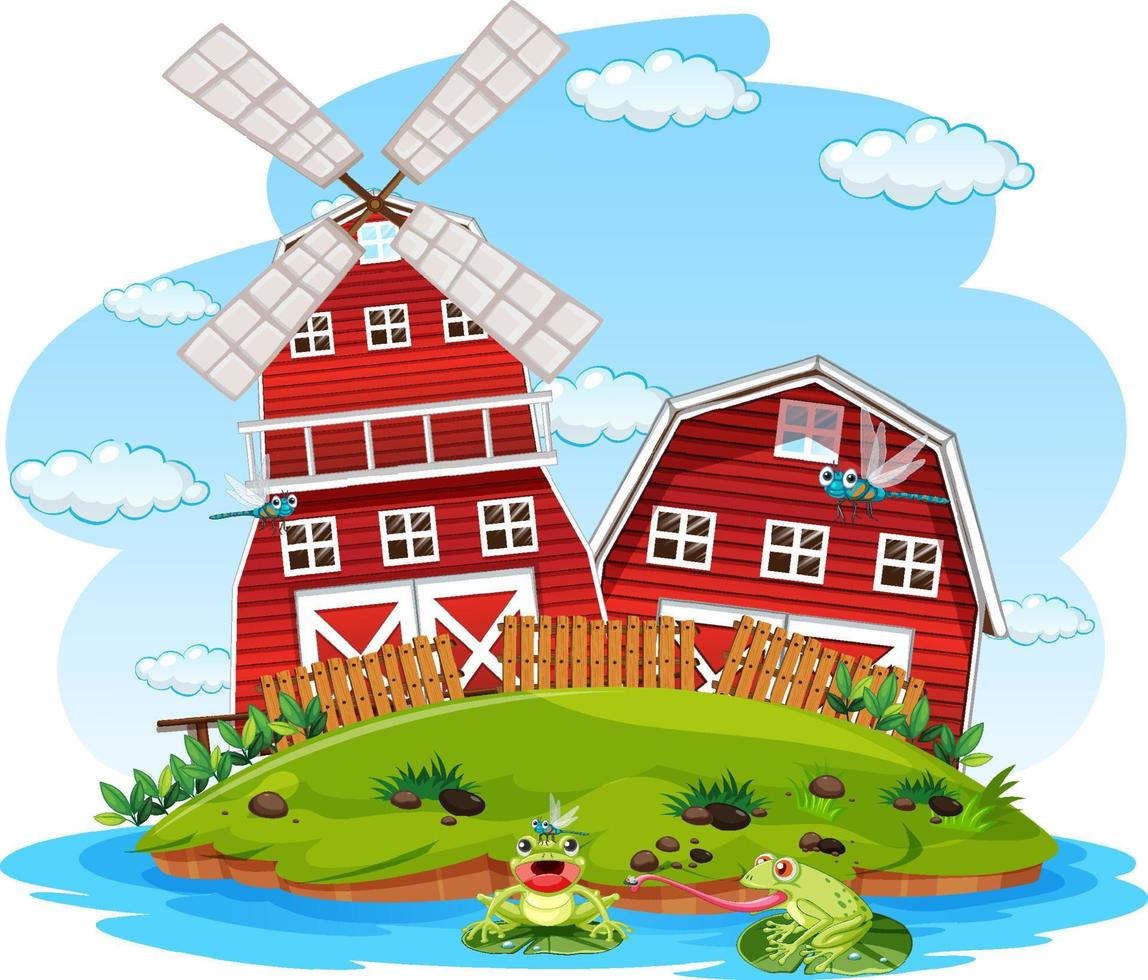 Farm scene with two red barns vector