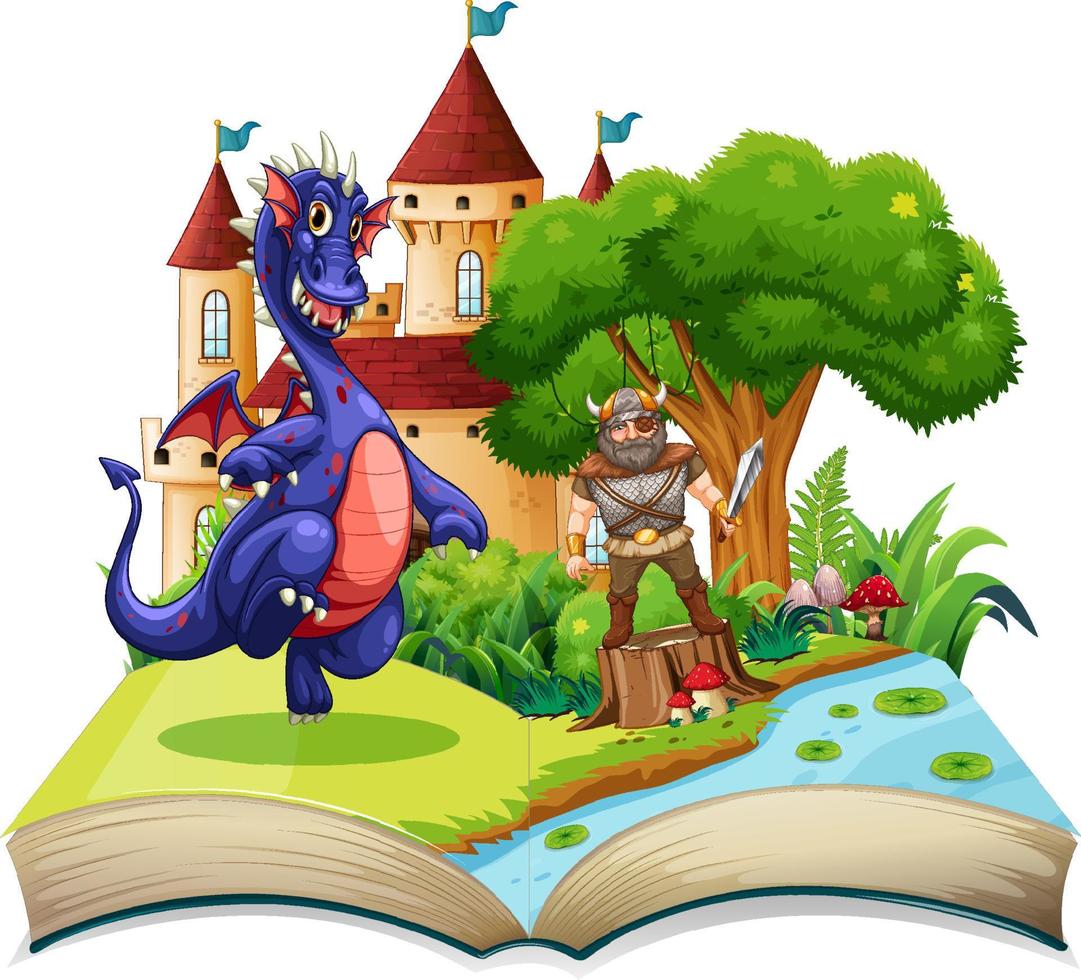 Book with scene of knight and dragon fighting vector