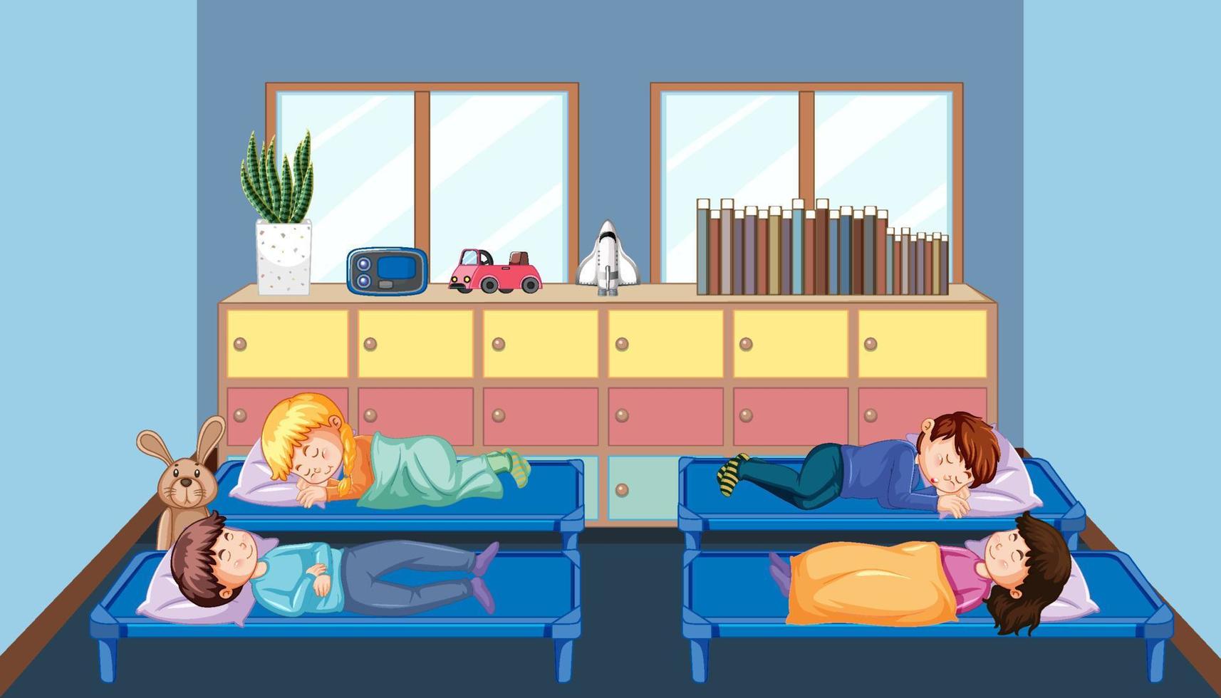 Children sleeping in beds at room vector