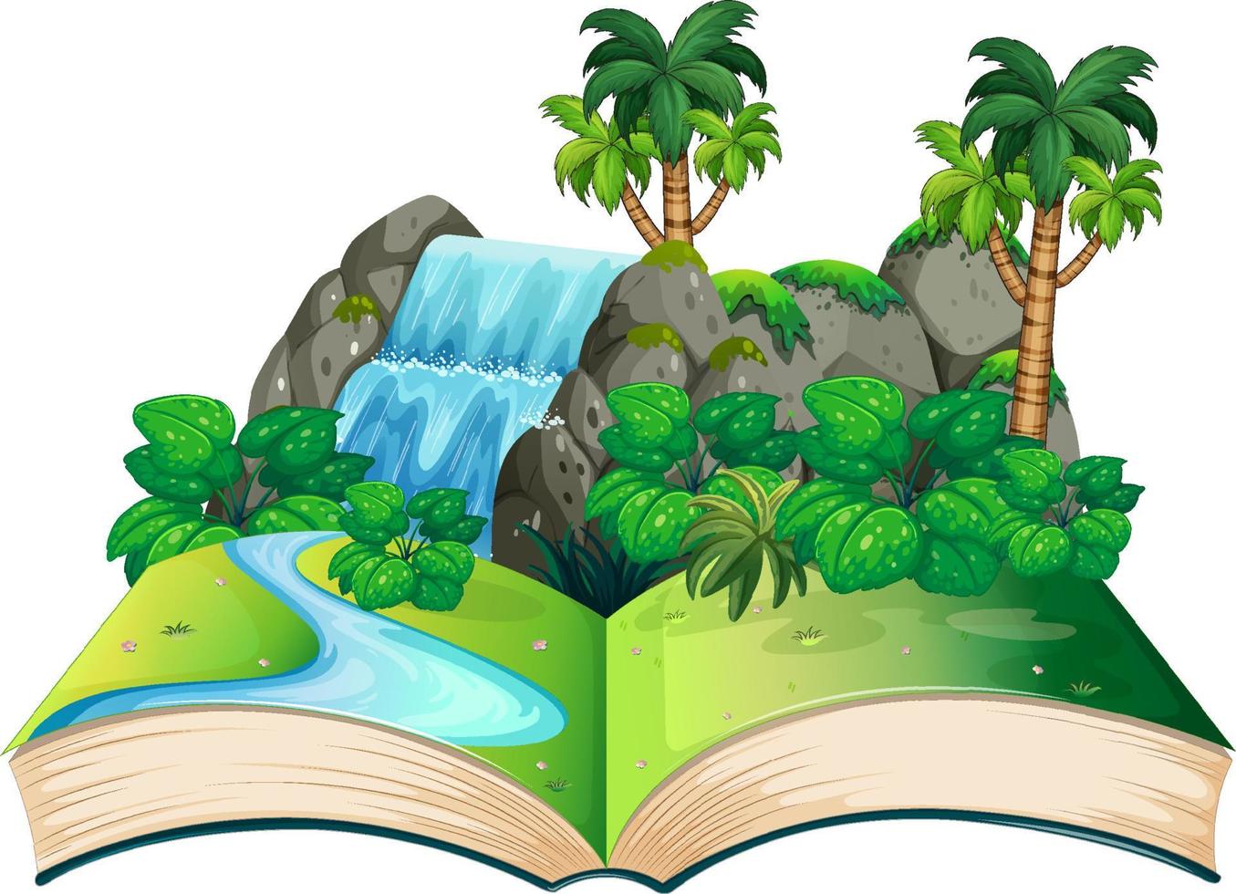 libro con escena de cascada en el bosque vector