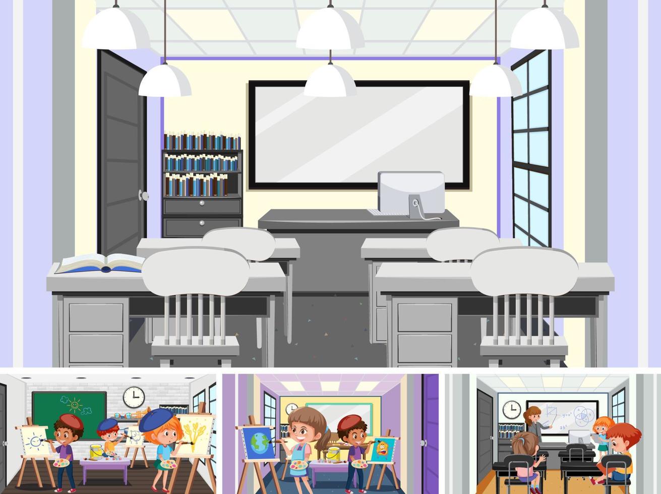 Set of student in the classroom scene vector