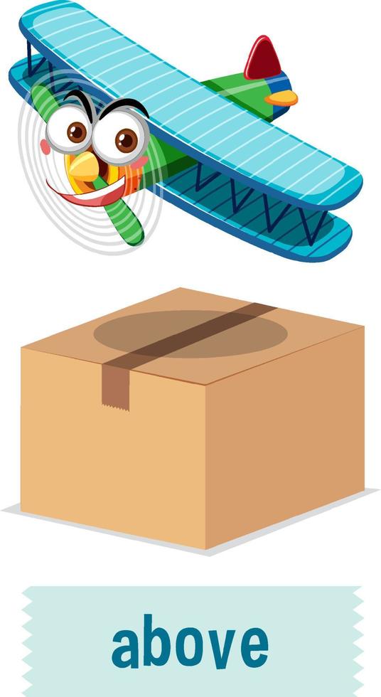 Prepostion wordcard design with airplane above box vector