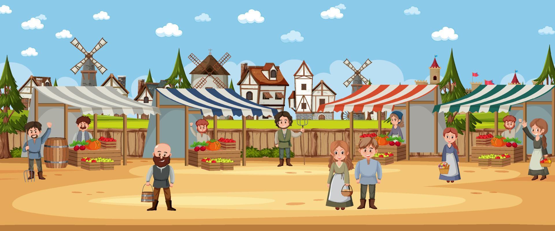 Escena de la ciudad medieval con aldeanos en el mercado. vector