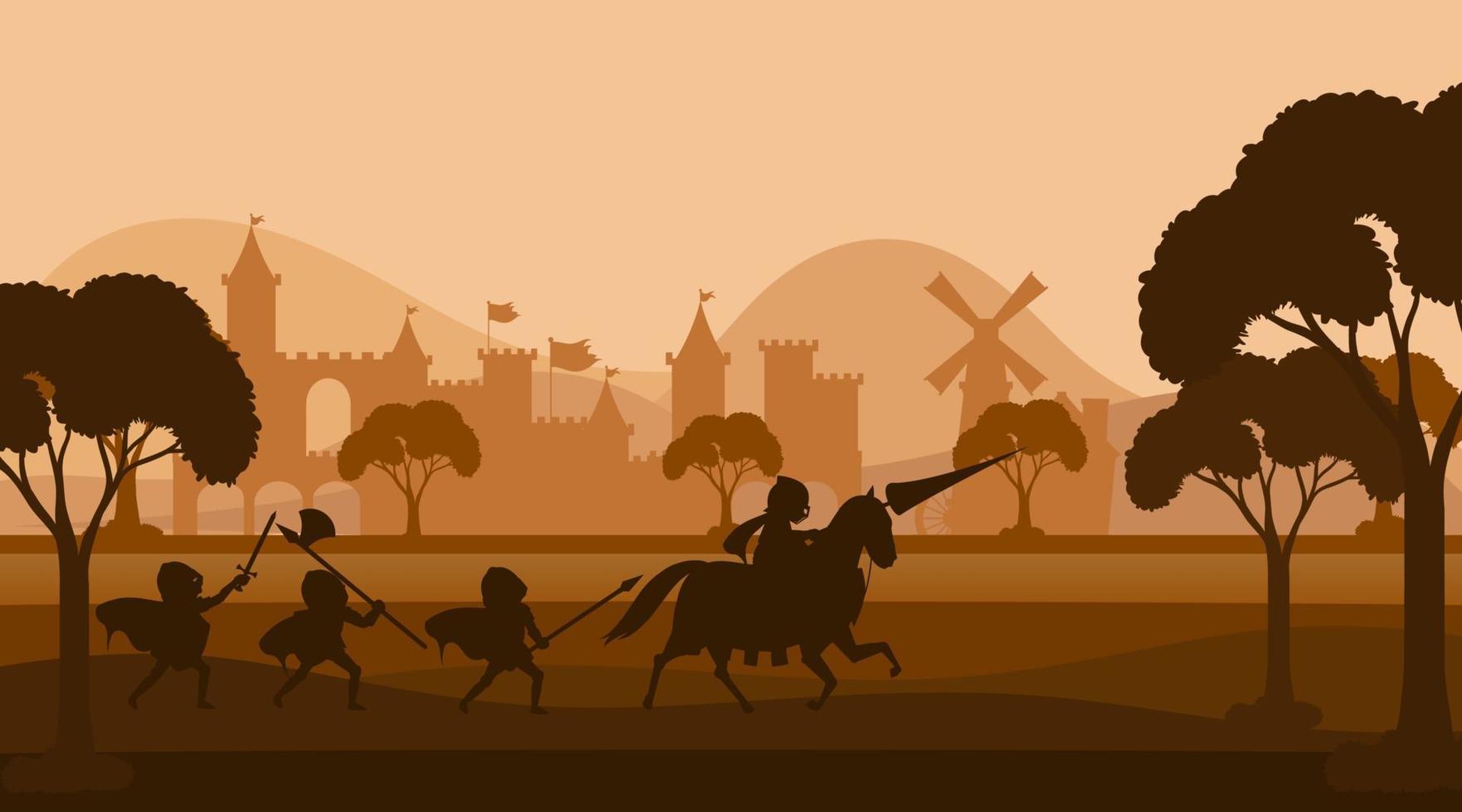 Silhouette medieval background with medieval army vector