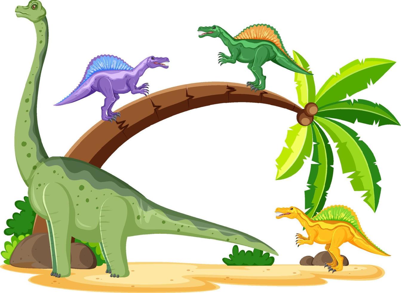 Scene with dinosaurs brachiosaurus and spinosaurus on island vector