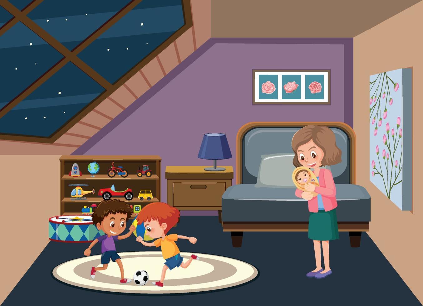 Garret room scene with family members vector