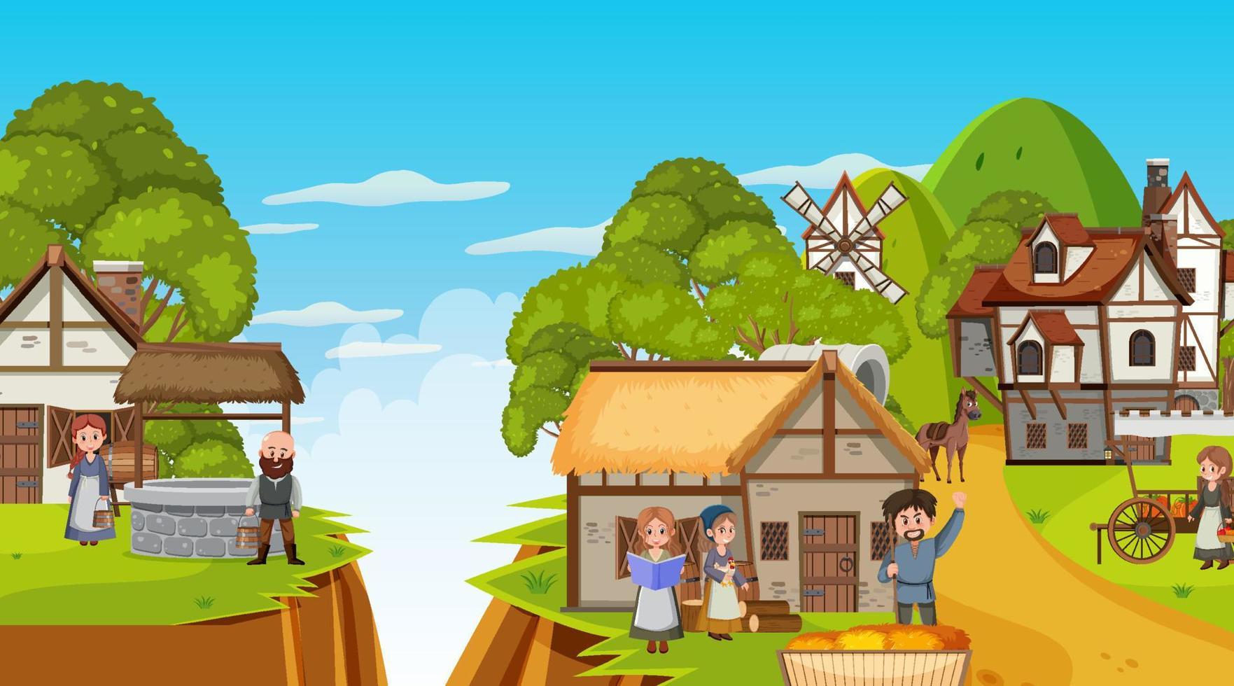 Medieval town scene with villagers vector