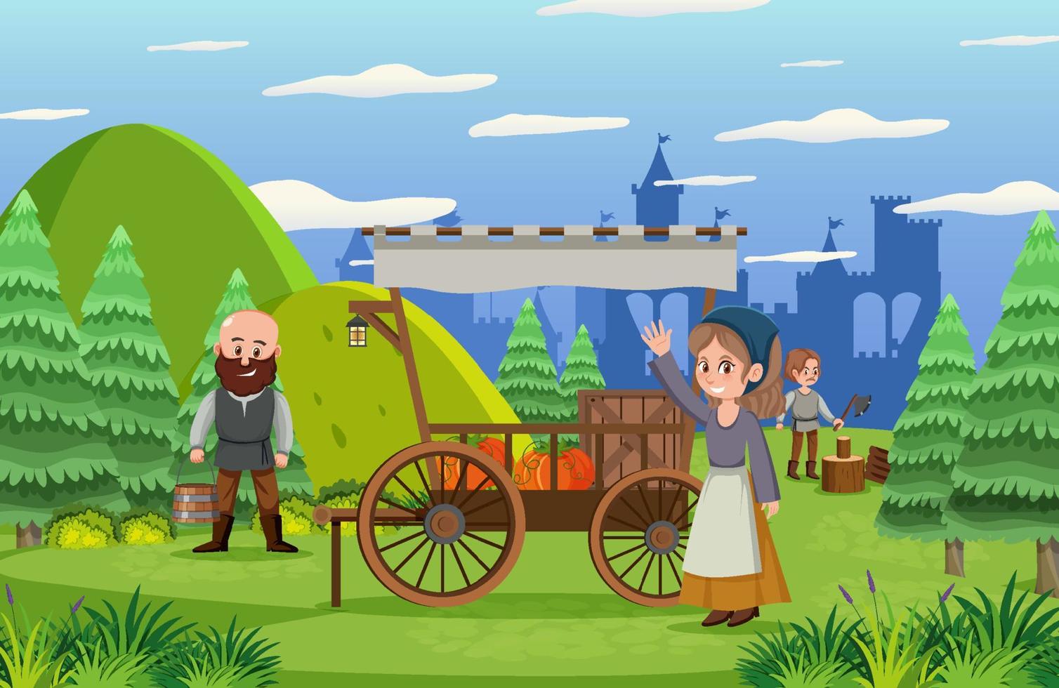 Medieval town scene with villagers vector