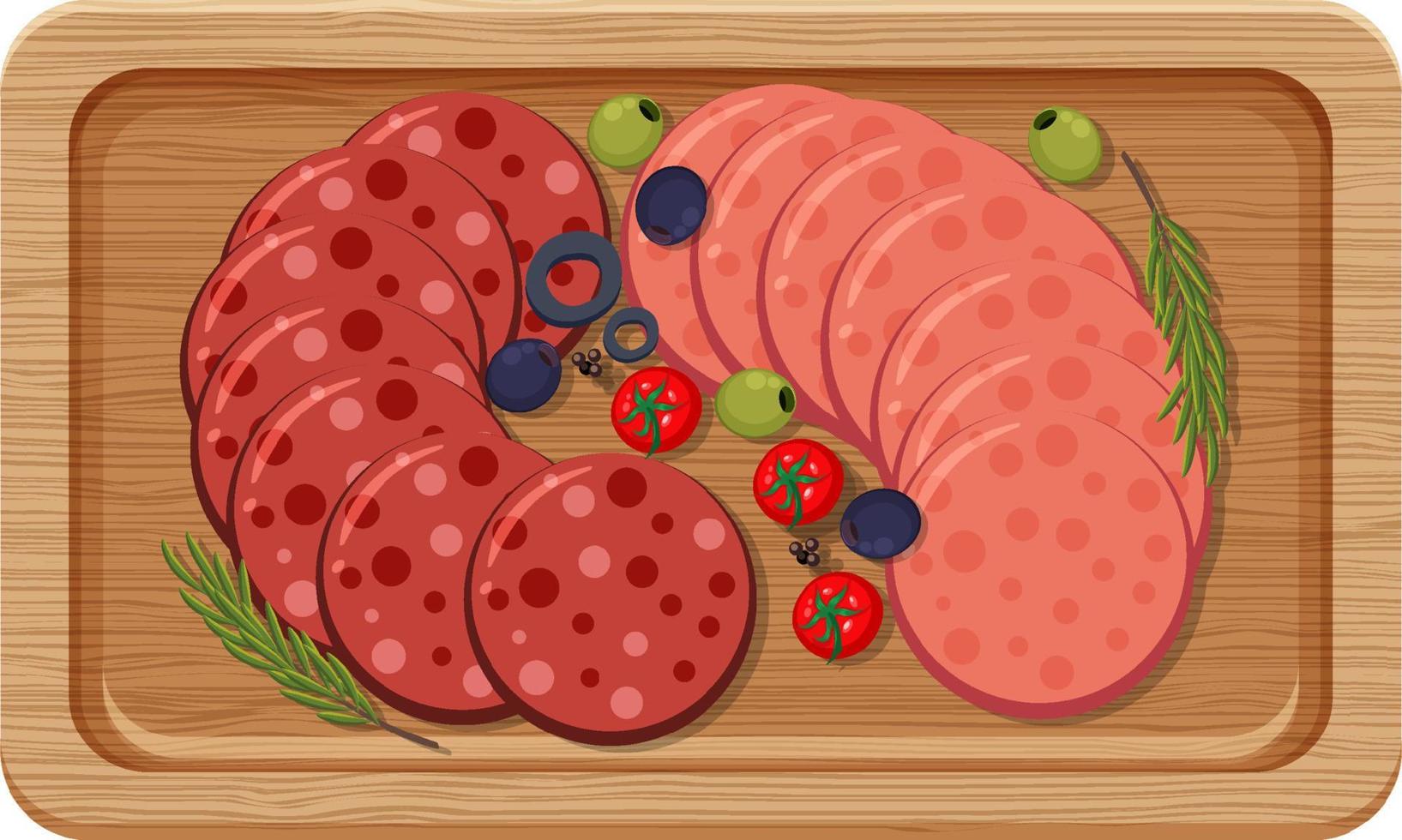 Top view of lunch meat on a wooden tray vector
