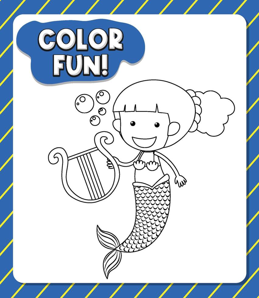 Worksheets template with color fun text and mermaid outline vector