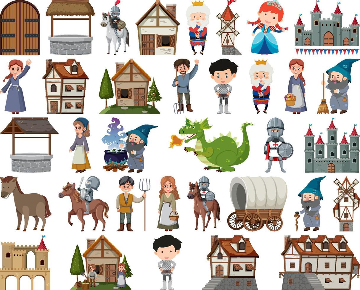 conjunto de edificios de personajes medievales vector