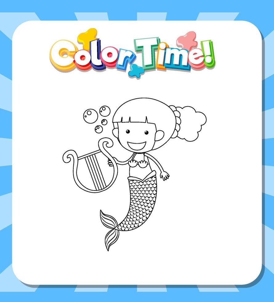 Worksheets template with color time text and Mermaid outline vector