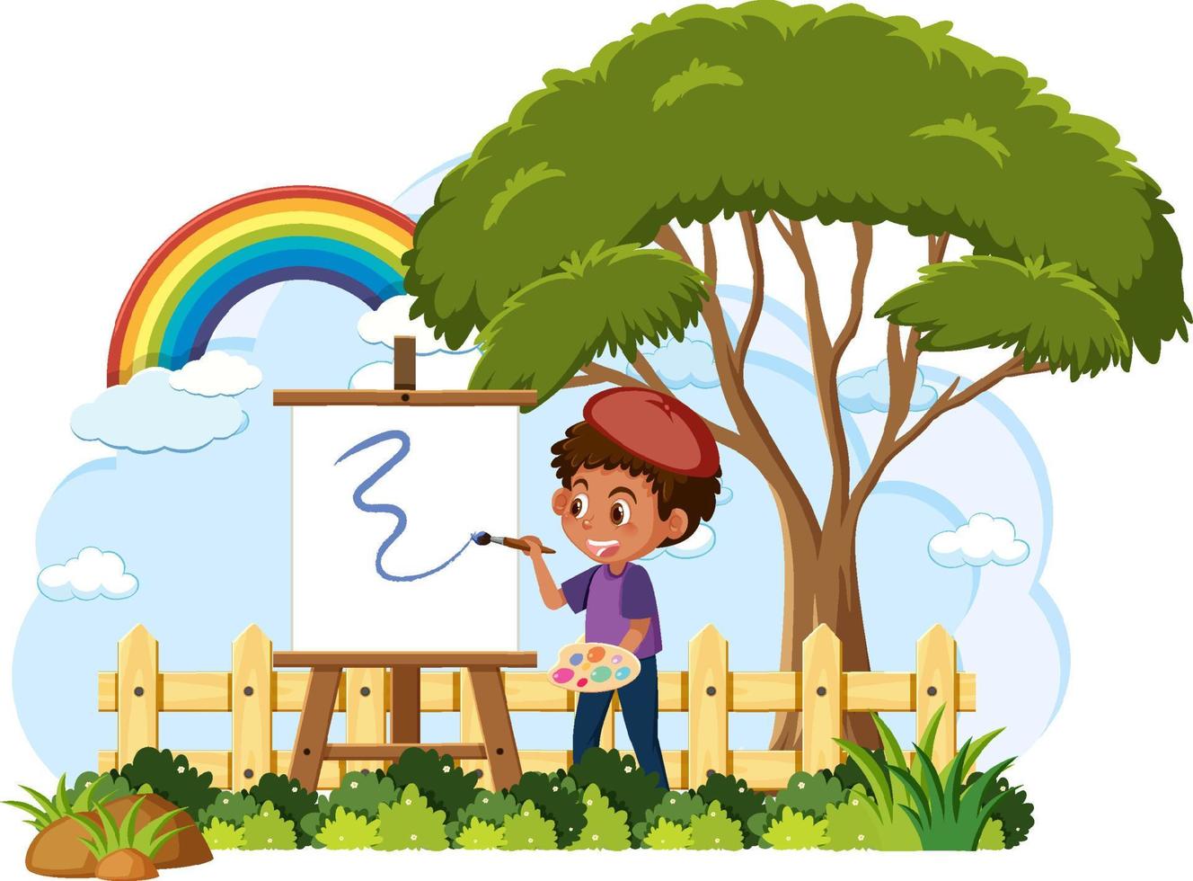 parque al aire libre aislado con un niño dibujando sobre lienzo vector