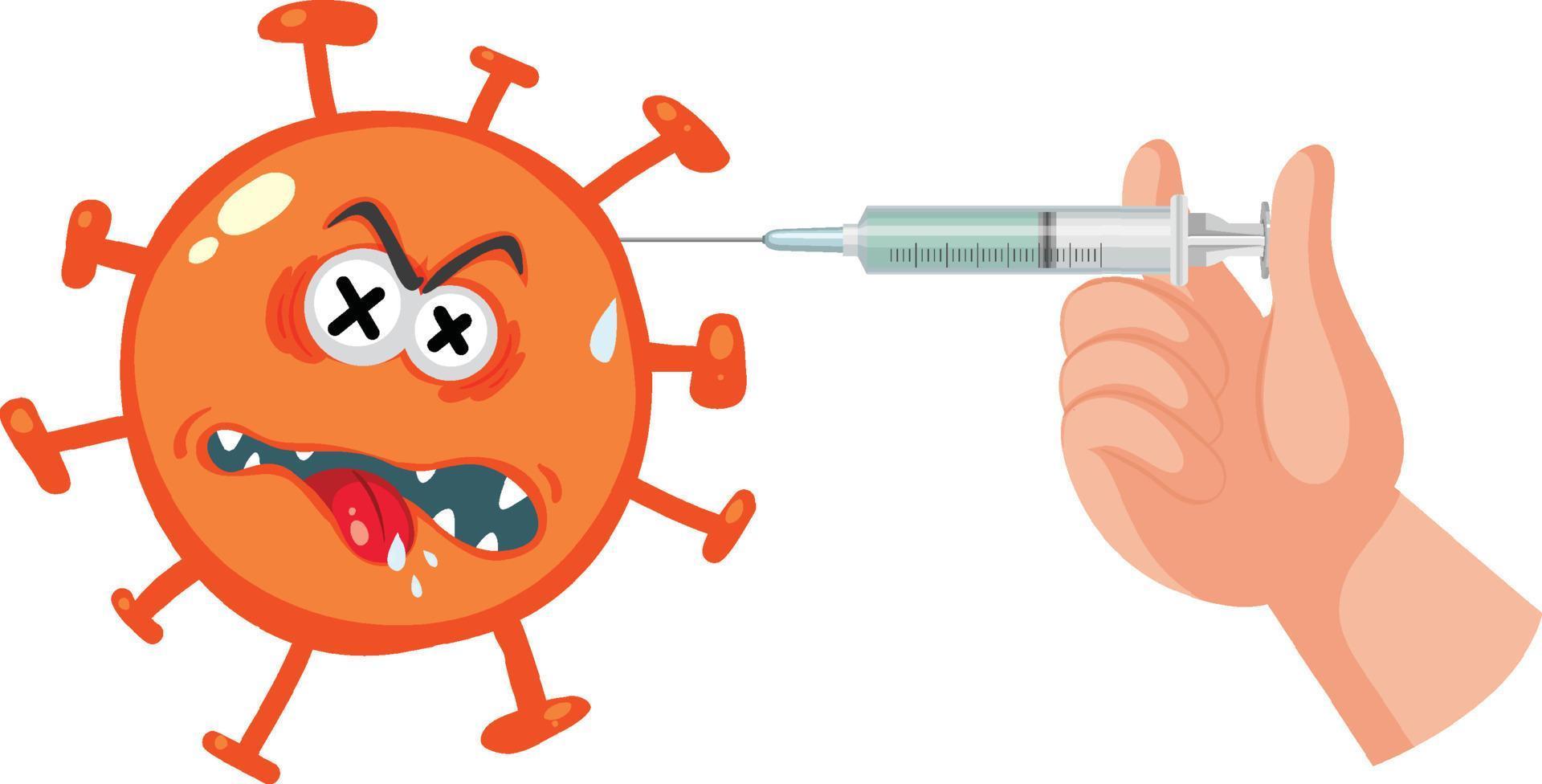 personaje de dibujos animados de coronavirus con jeringa vector