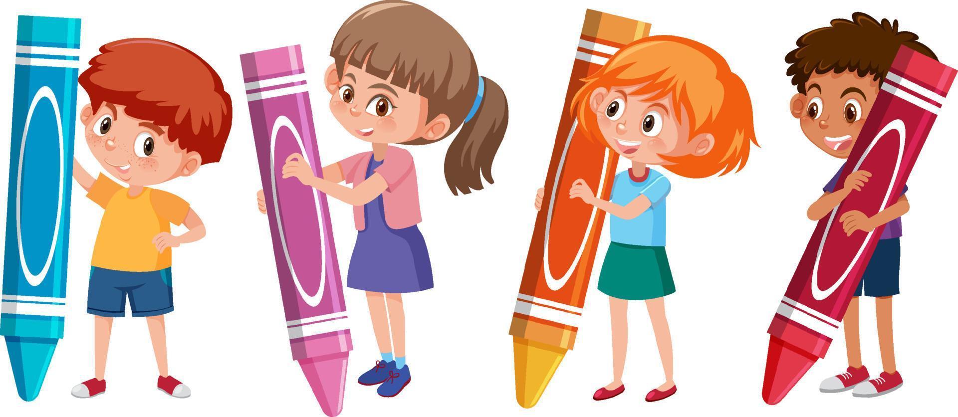 Set of different kids holding colour crayon sticks vector