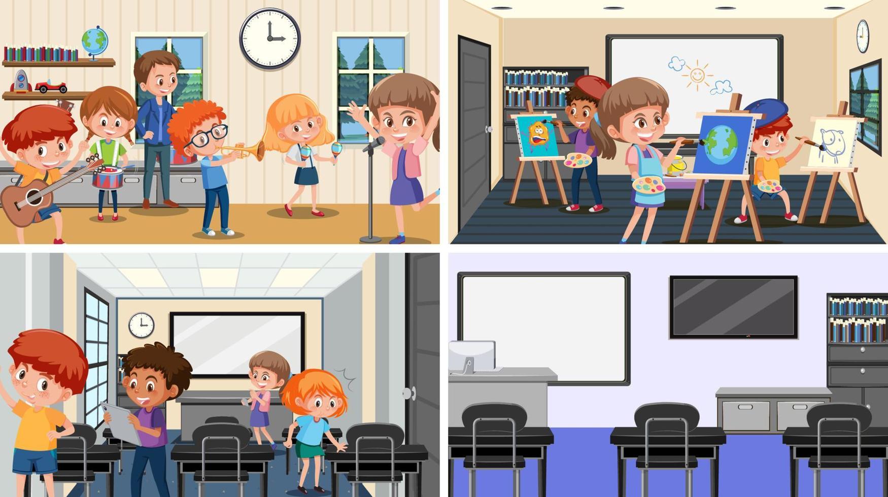 Set of student in the classroom scene vector