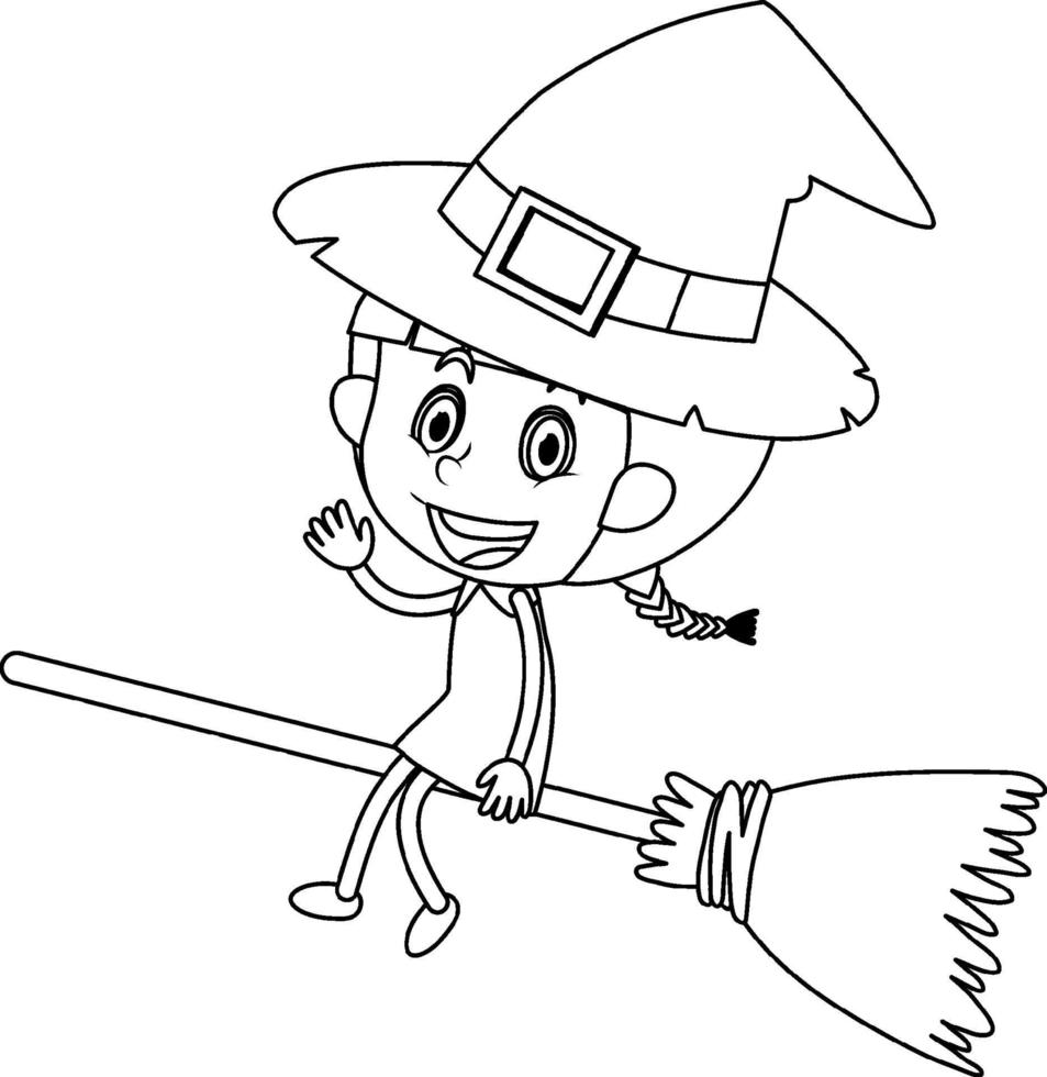 Little witch black and white doodle character vector