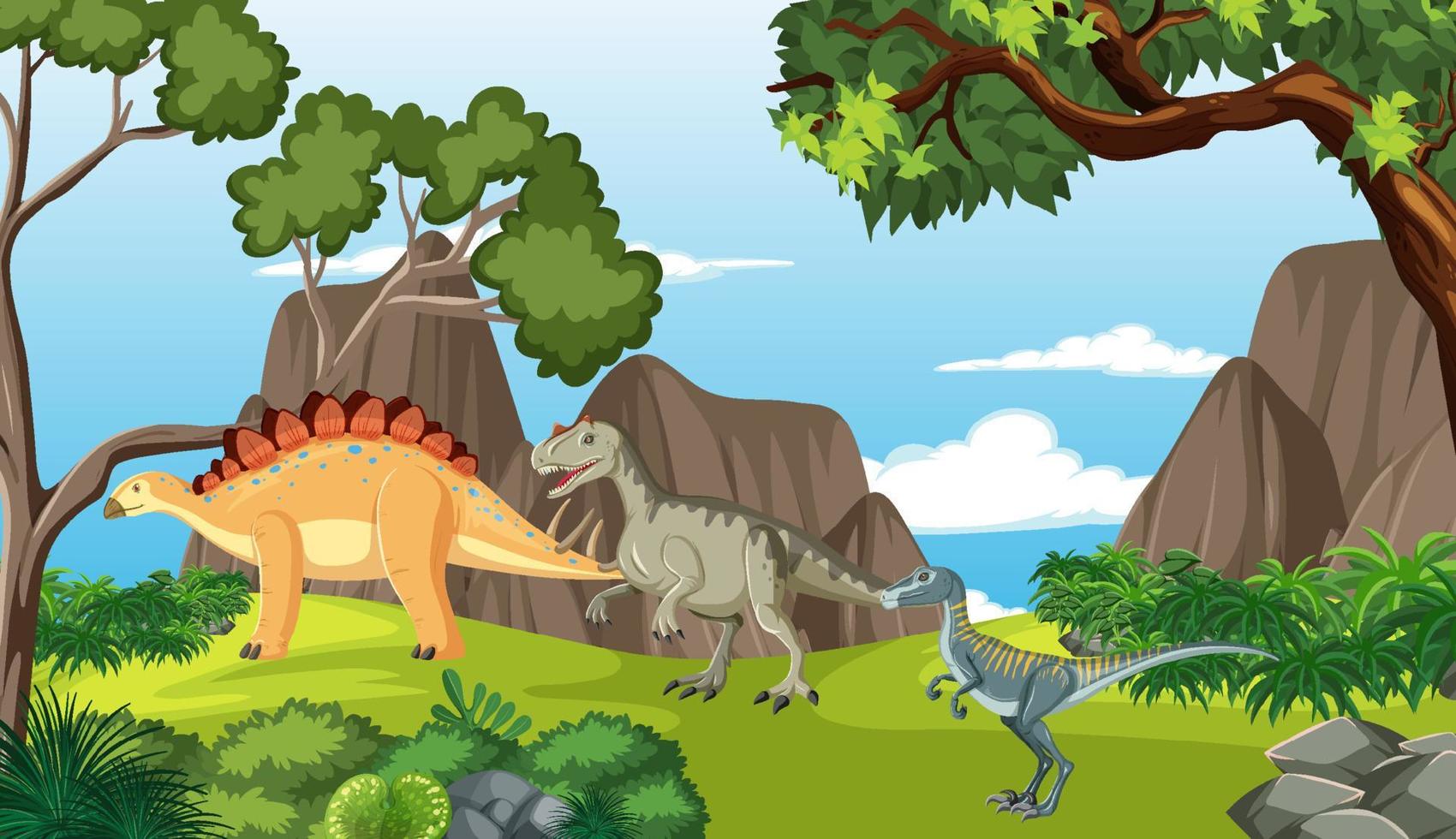 dinosaurio en la escena del bosque prehistórico vector