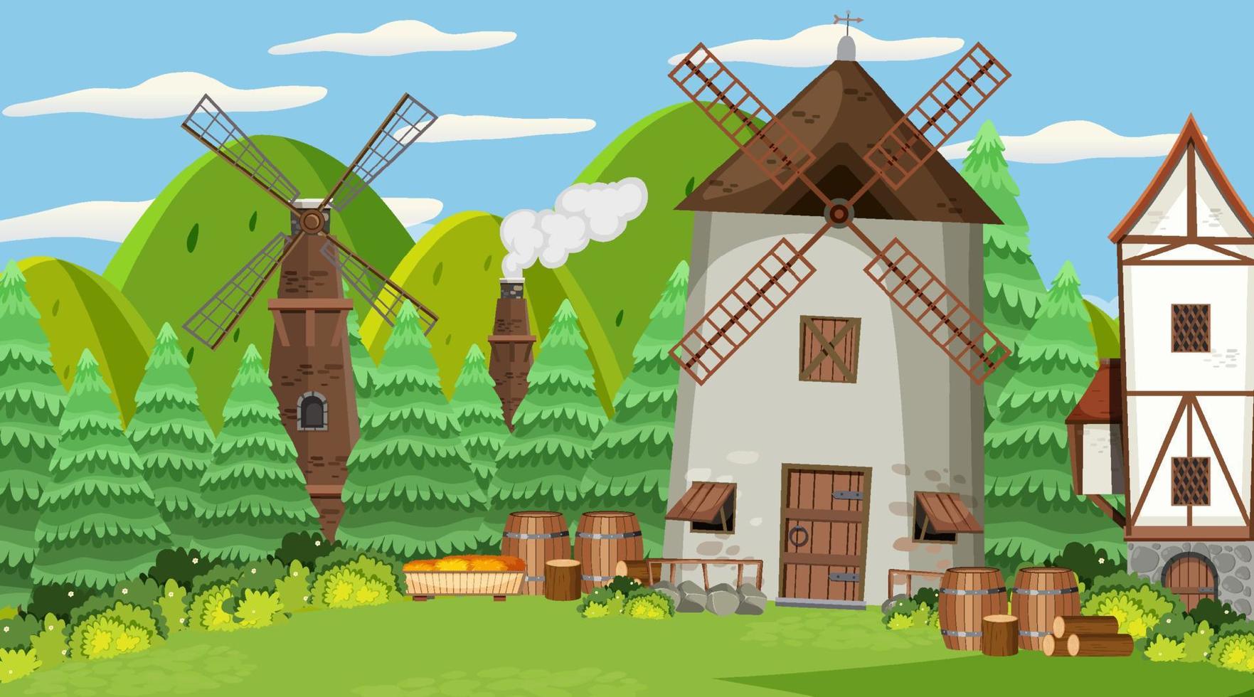 Medieval town scene background vector