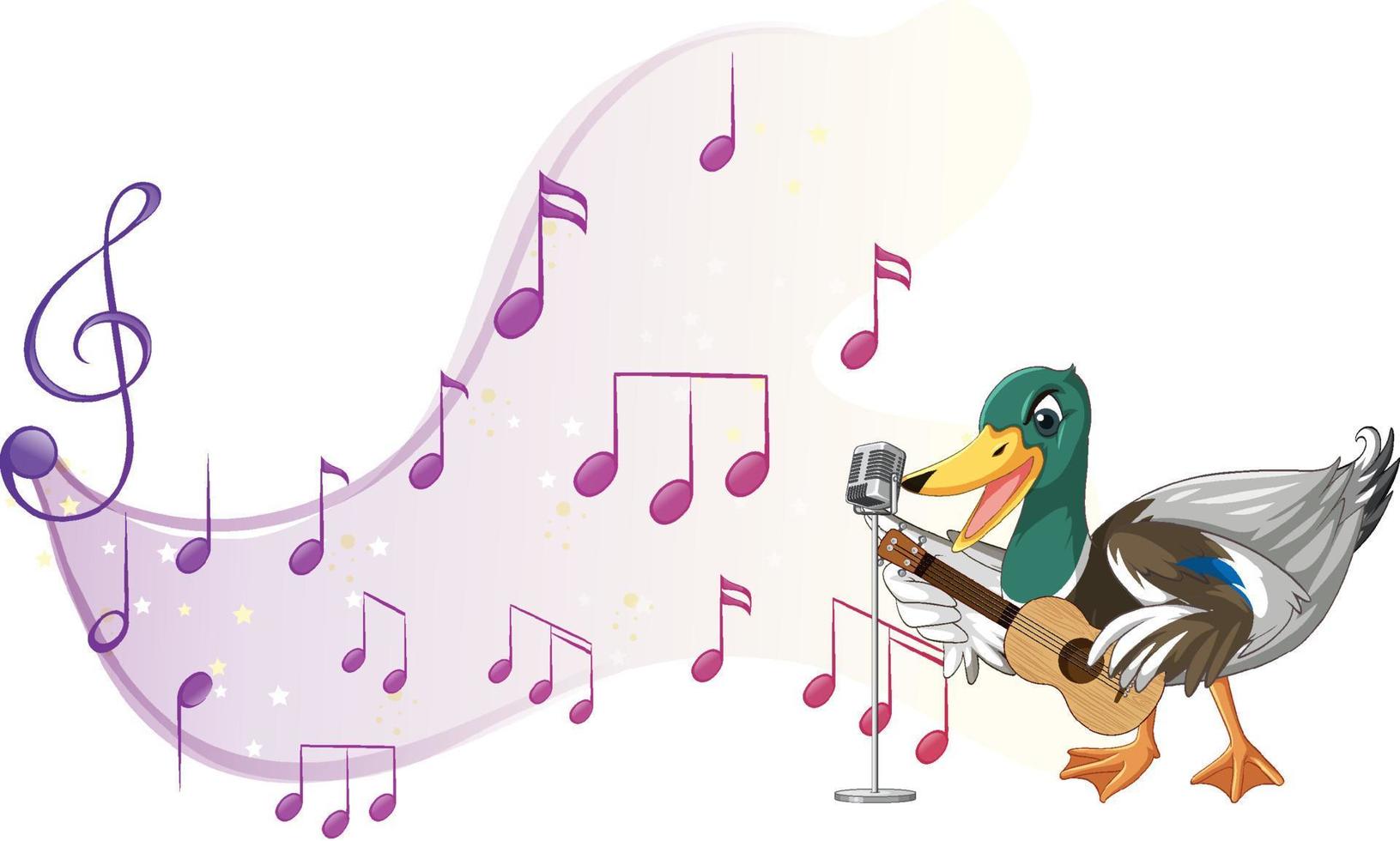 el pato toca la guitarra, el ukelele con nota musical vector