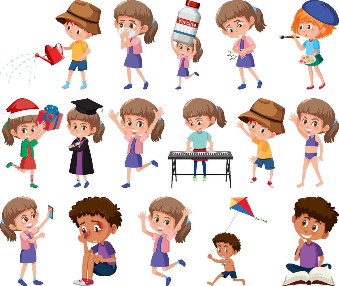 Set of children doing different activities on white background vector