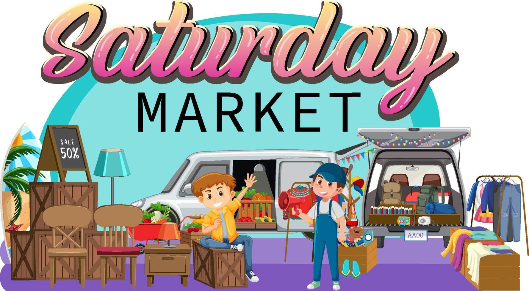 Saturday flea market concept with cartoon character vector