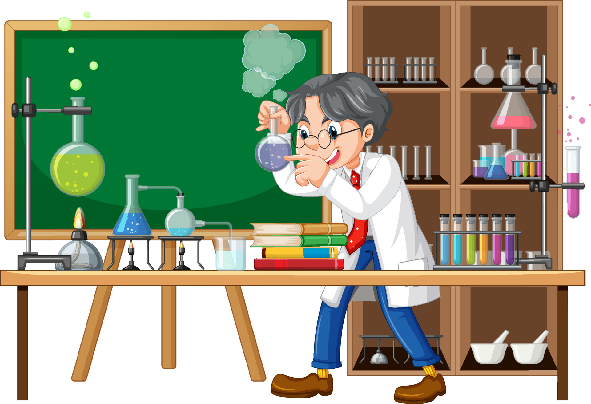 Scientist cartoon character with science lab objects 6771165 Vector Art at  Vecteezy