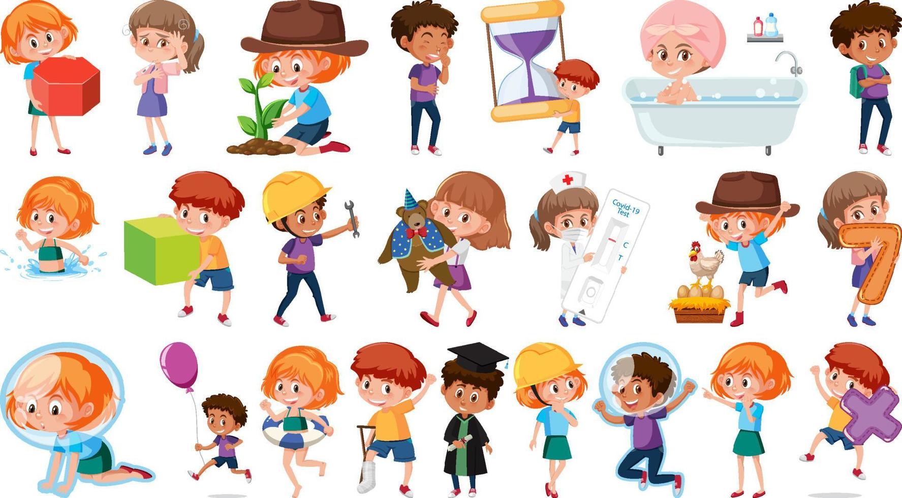 Set of children doing different activities on white background vector