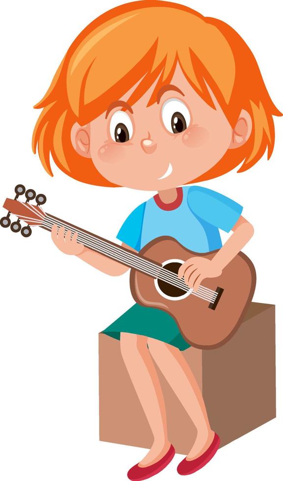 Cute girl playing guitar on box vector