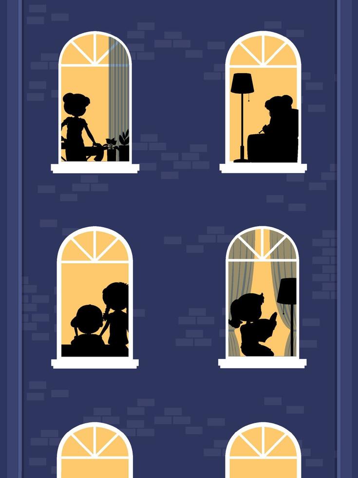 Night windows building with people silhouettes vector