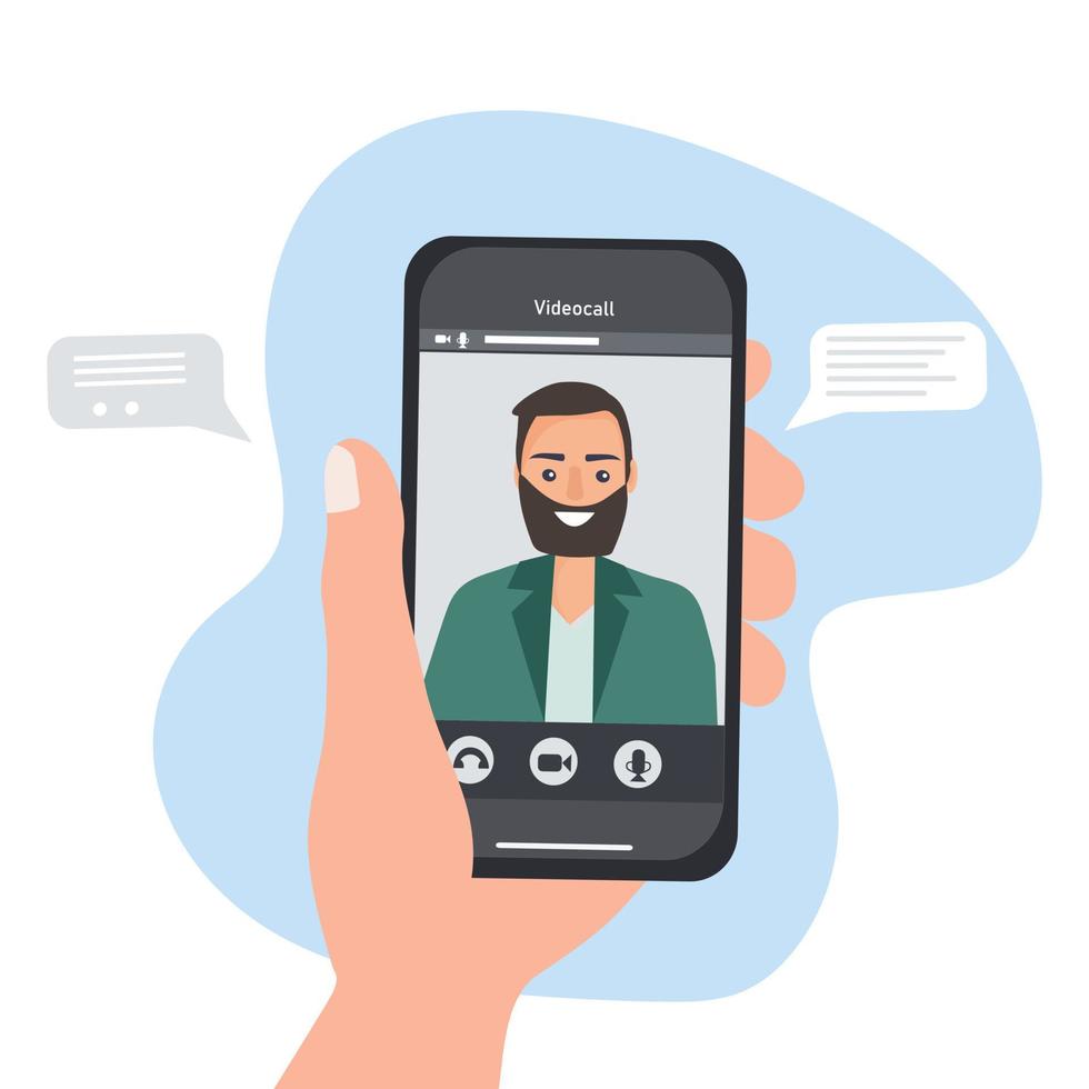 A hand with a smartphone and a person on the screen. Communicating in social networks and messengers via video call. Mobile applications and Internet technology vector