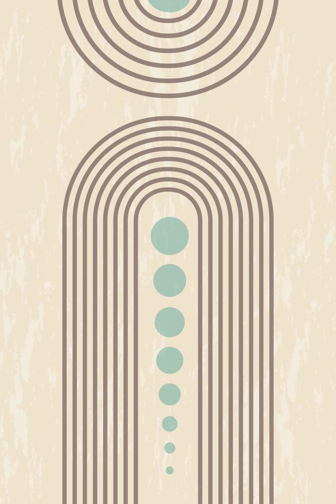 WebAbstract grunge poster with geometric shapes and lines. Rainbow print and sun circle, boho style. Modern minimalist print in pastel colors. Concept of balance, harmony and equilibrium. vector