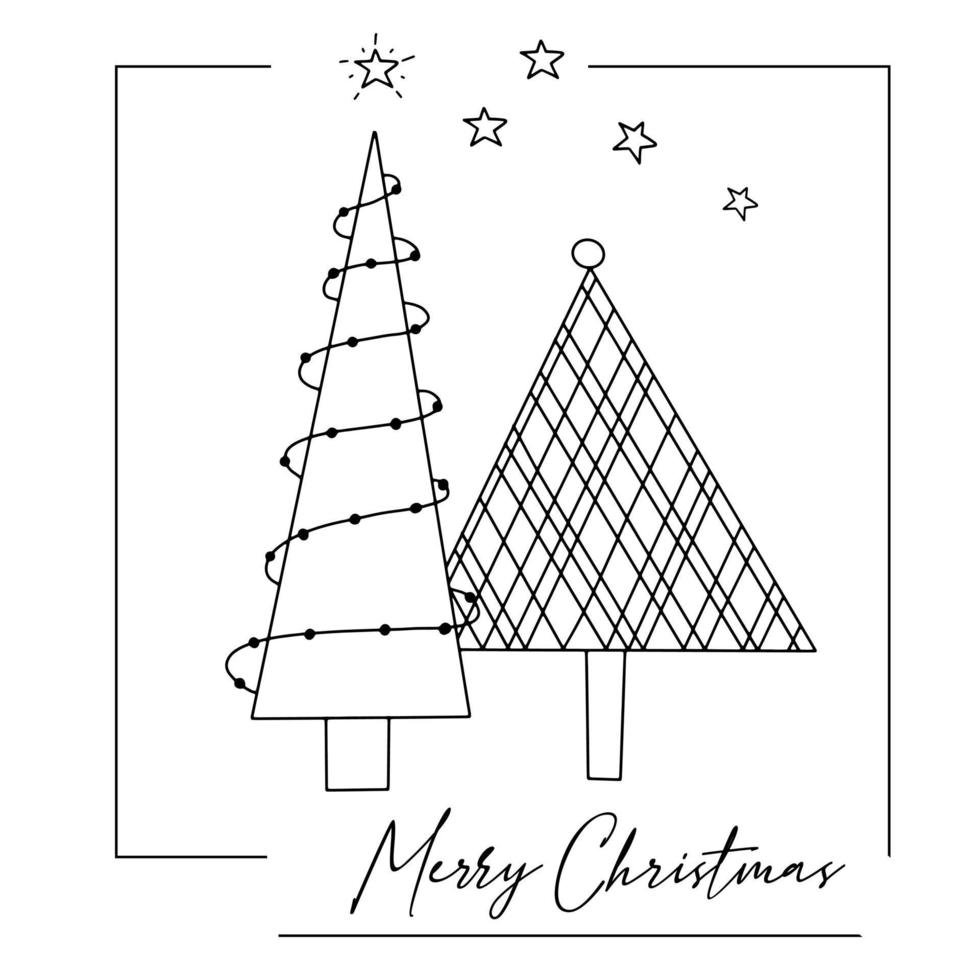 Greeting Christmas card of stylized decorated Christmas trees. Vector poster hand drawn