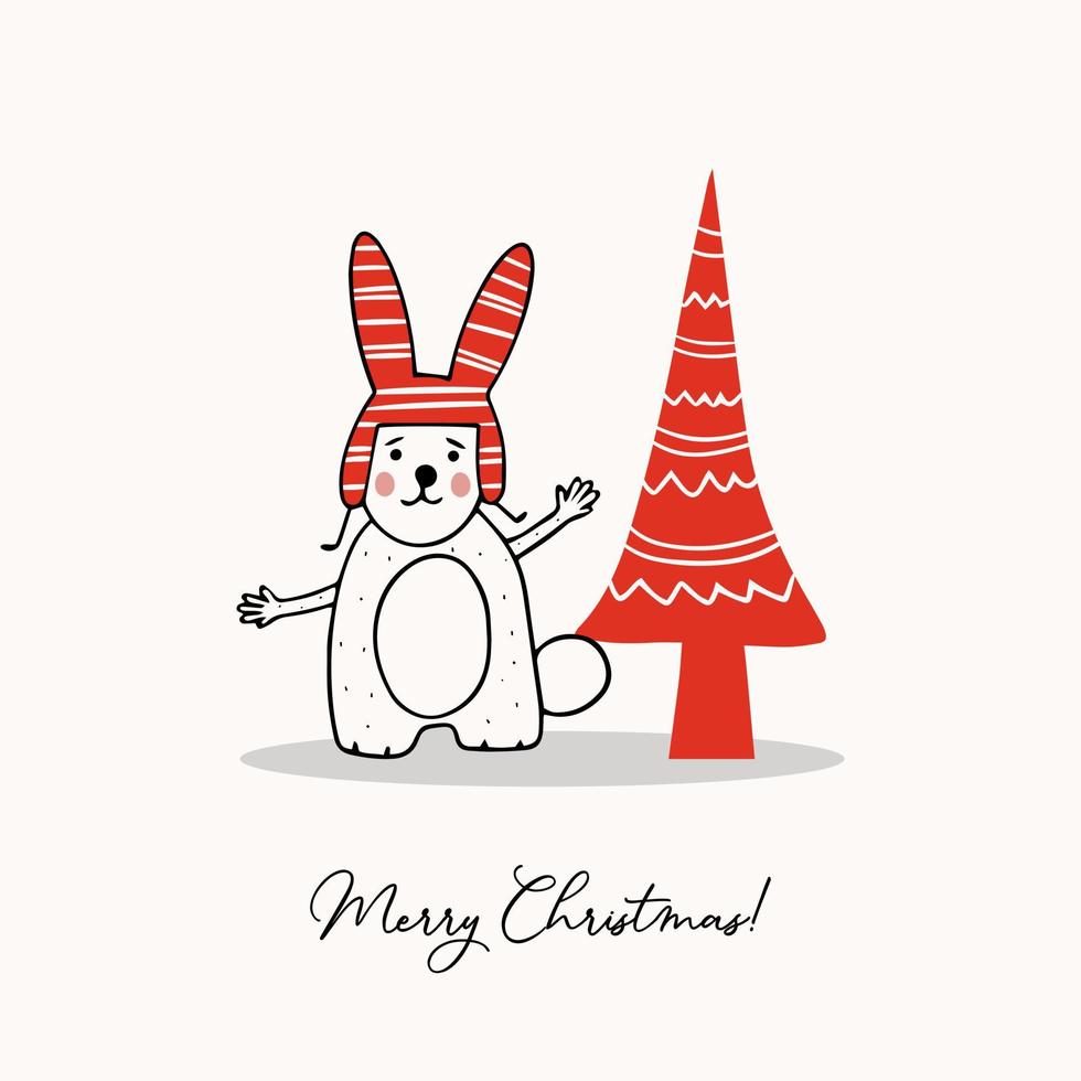 Greeting template with cute bunny and stylized Christmas tree vector