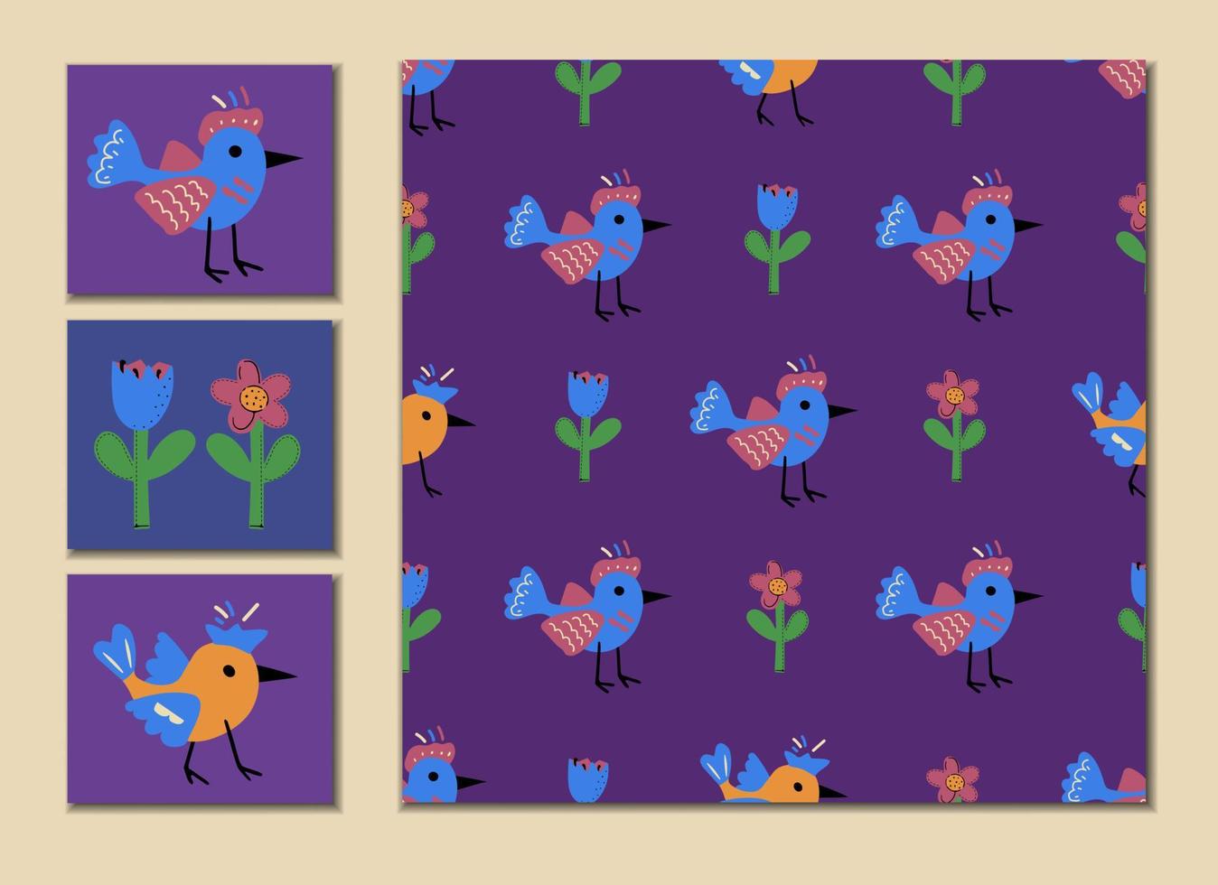 Seamless pattern of cute cartoon birds and flowers with abstract elements for postcards and prints vector
