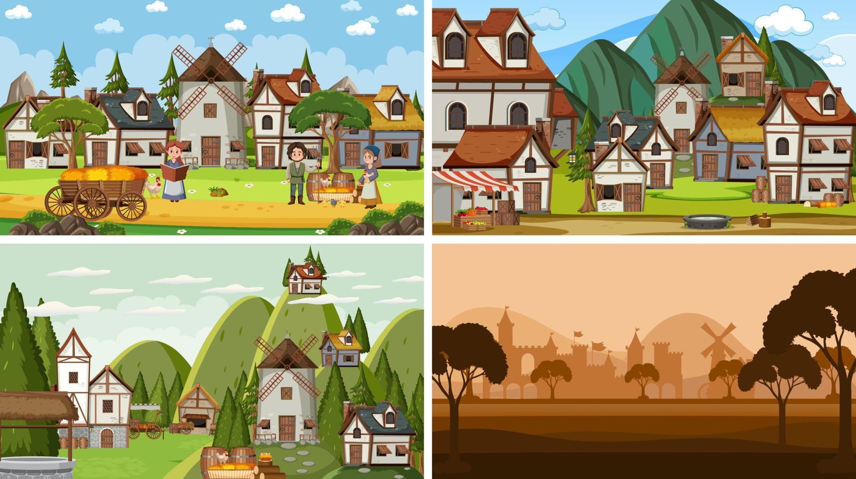 Set of different scene medieval with silhouette vector