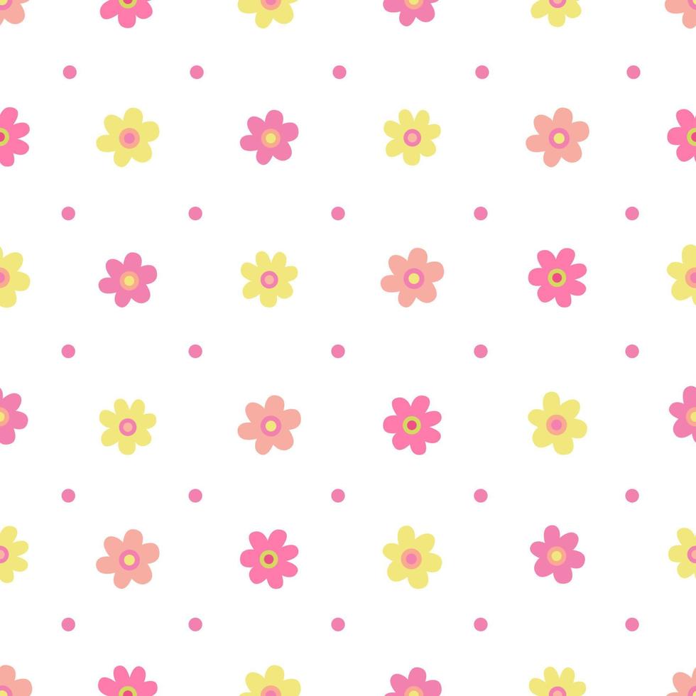 Seamless pattern with colorful daisy flowers. Great for fabric, wrapping papers, Easter design. Hand drawn flat  illustration on white background. vector