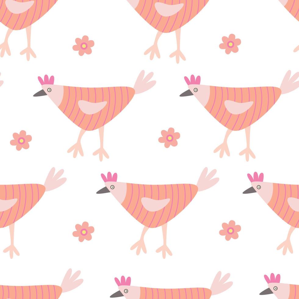 Seamless pattern with colorful hens and chamomile flowers. Great for fabric, wrapping papers, Easter design. Hand drawn flat  illustration on white background. vector