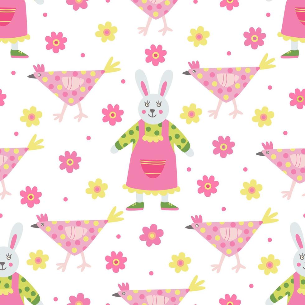 Seamless pattern with colorful decorative hens and bunny girls. Great for fabric, wrapping papers, Easter design. Hand drawn flat  illustration on white background. vector