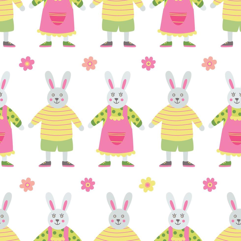 Seamless pattern with bunny girls and boys. Great for fabric, wrapping papers, Easter design. Hand drawn flat illustration on white background. vector