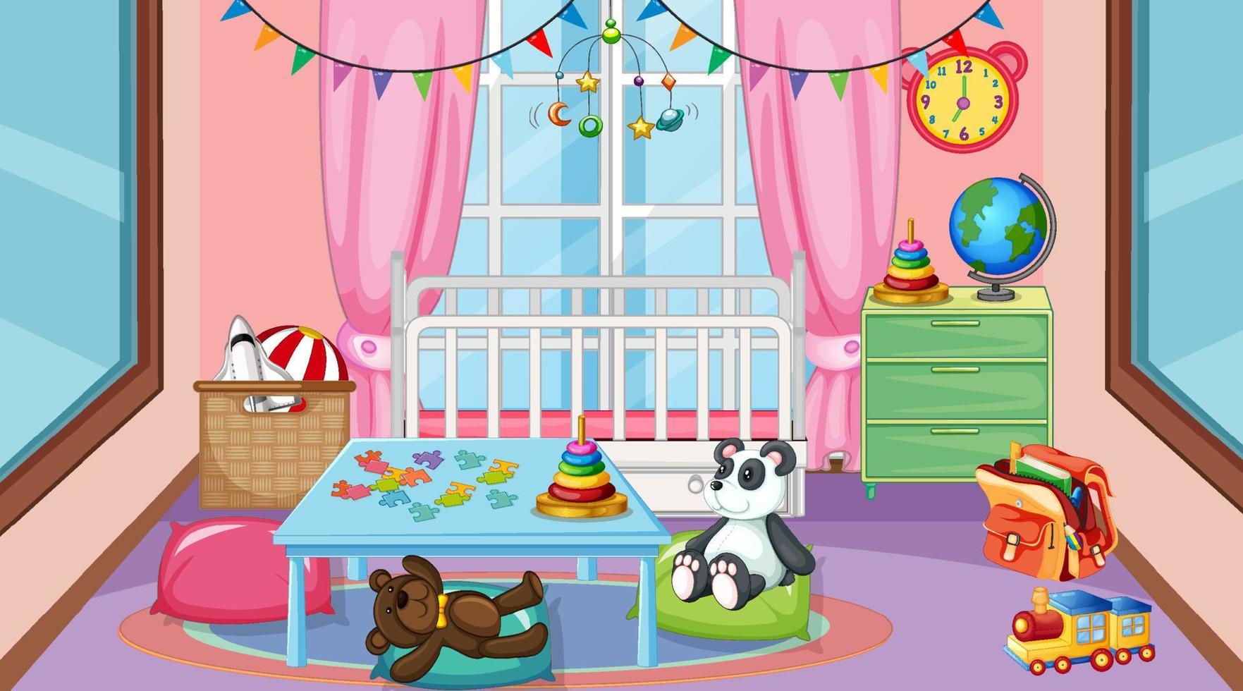 Empty kindergarten classroom interior with many kid toys vector