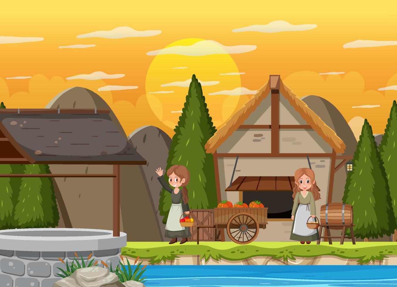 Medieval town scene with villagers vector