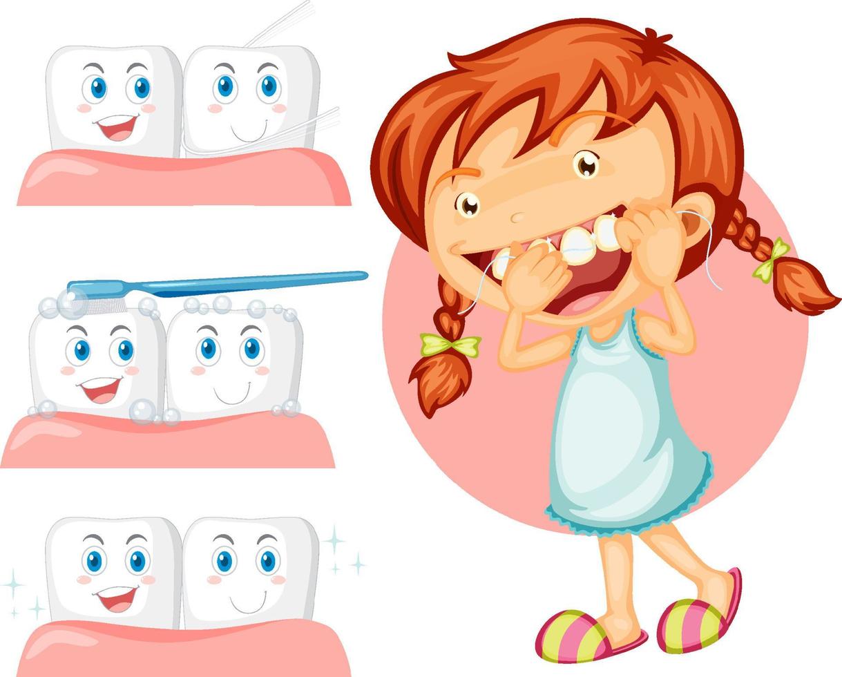 niño feliz usando hilo dental con diferentes condiciones dentales vector