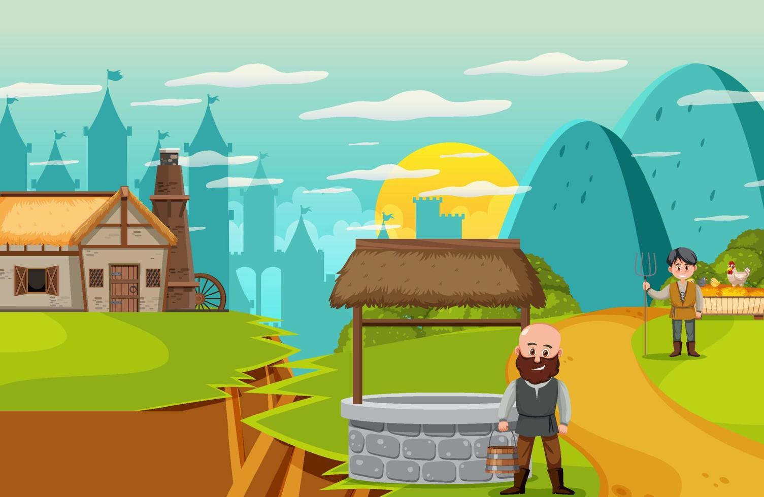 Medieval town scene with villagers vector