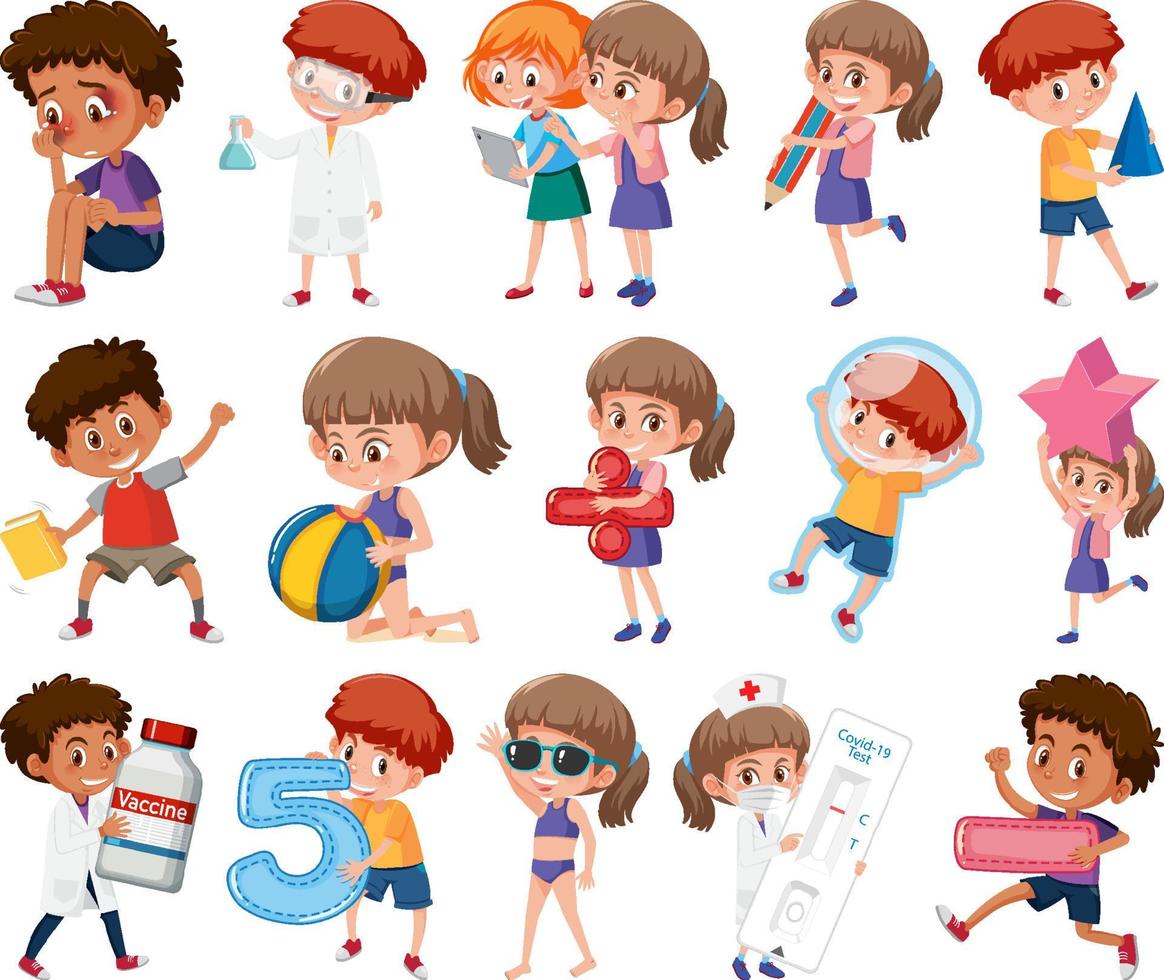 Set of children doing different activities on white background vector