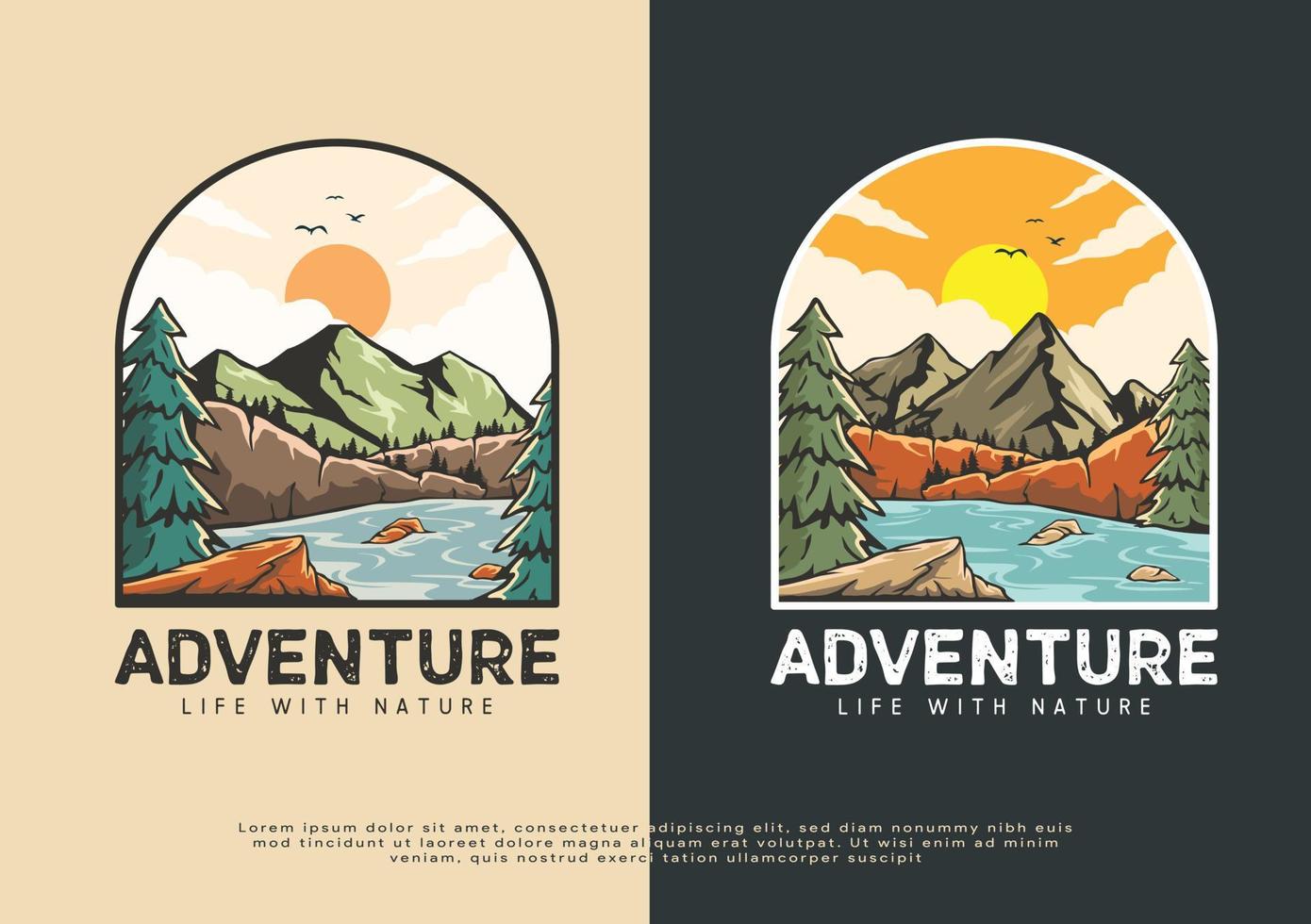 Ilustración del logotipo de la naturaleza salvaje del río y la montaña, ilustraciones para la impresión de camisetas vector