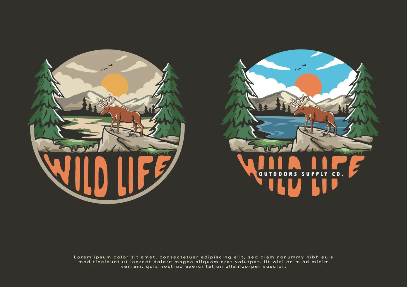 logotipo del paisaje de la ilustración de la vida salvaje, ilustraciones para la impresión de la camiseta vector