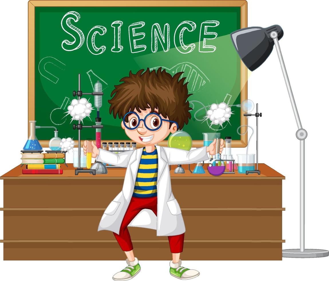 personaje de dibujos animados científico con objetos de laboratorio de ciencias vector