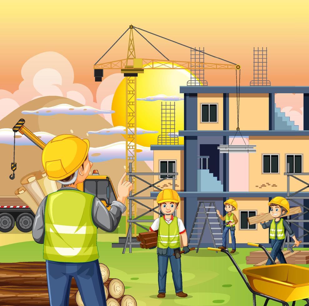 sitio de construcción de edificios con trabajadores vector